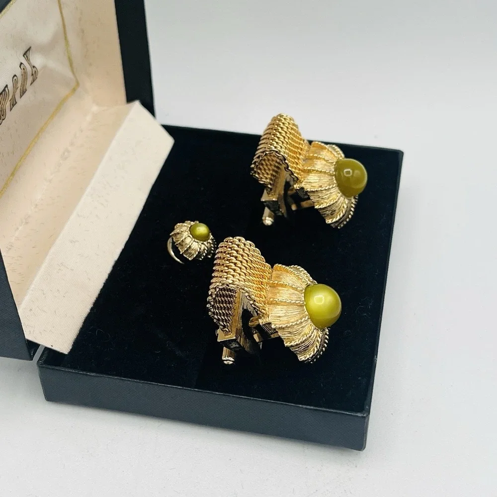 Vintage 1950s Swank Green‎ Moonglow Gold Cufflinks Tie Tack Set Mesh Wrap Around